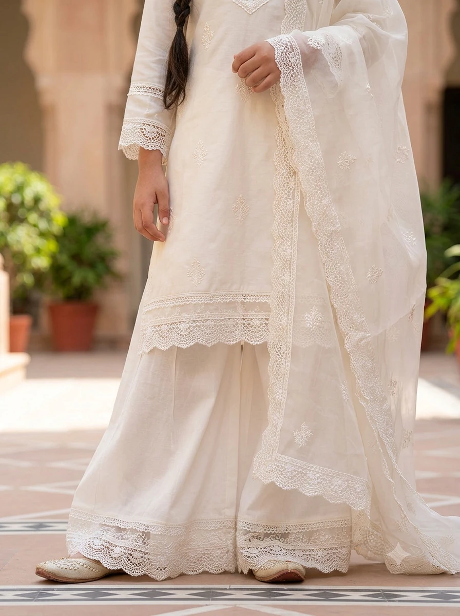 Elegant Lace Detailed Kurta With Farshi Salwar And Dupatta