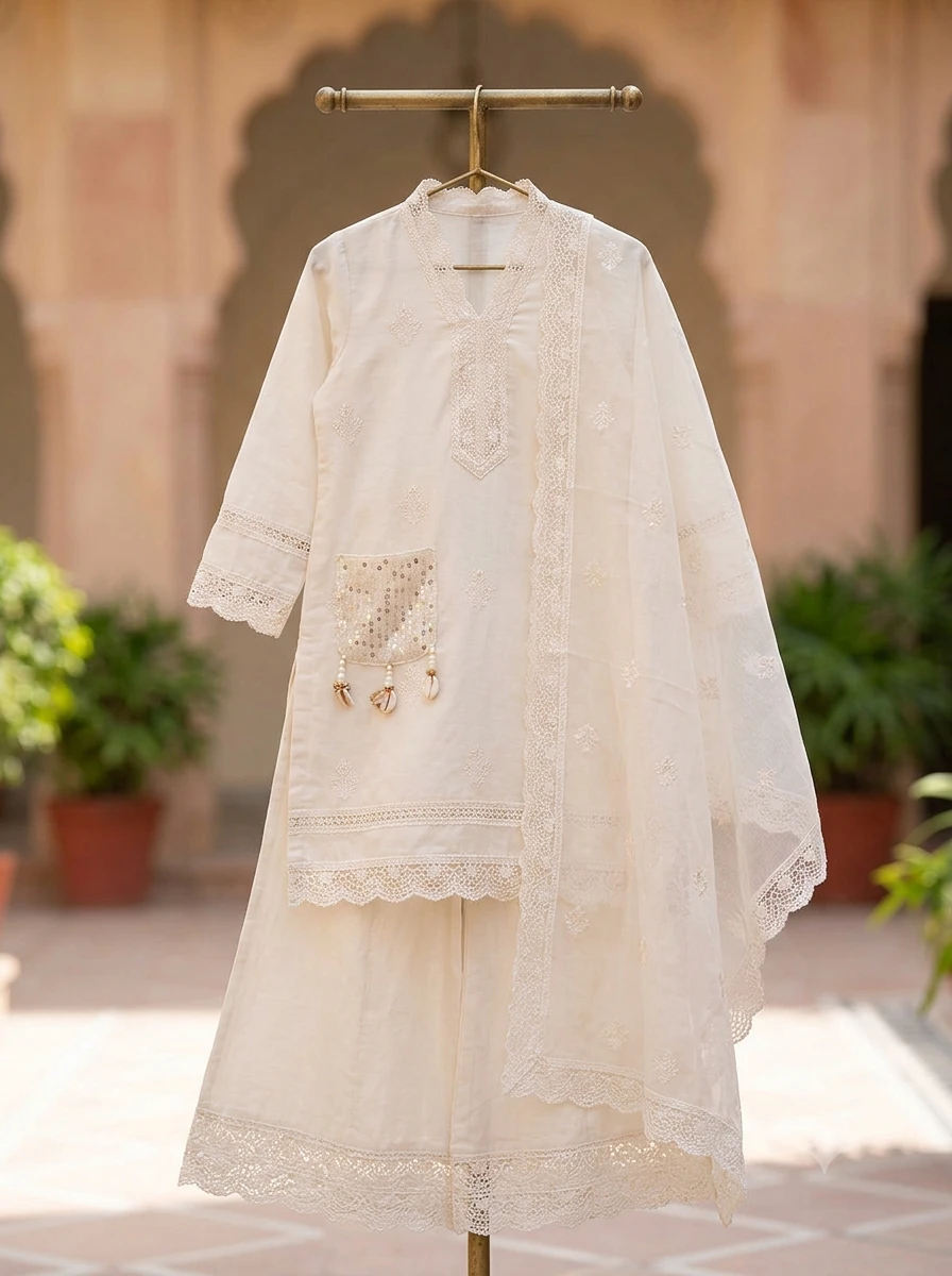 Elegant Lace Detailed Kurta With Farshi Salwar And Dupatta