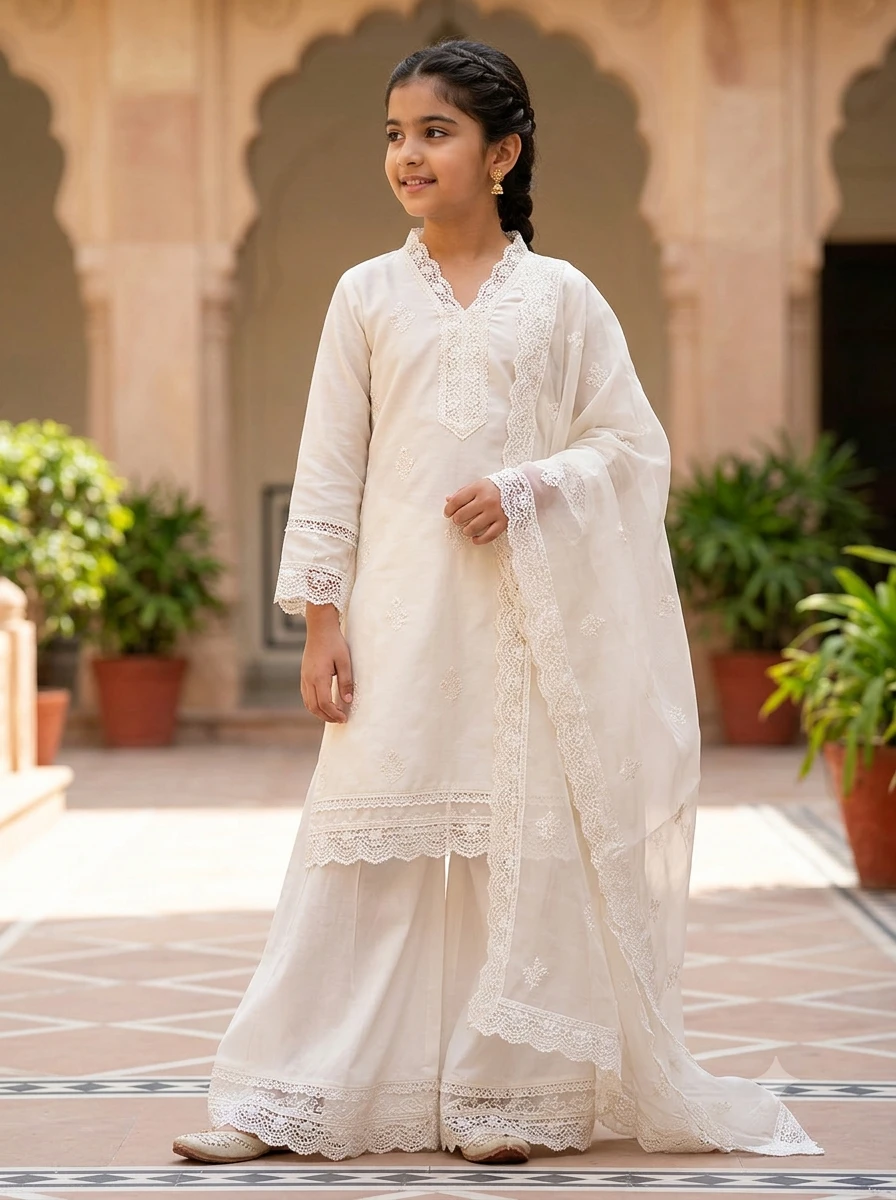 Elegant Lace Detailed Kurta With Farshi Salwar And Dupatta