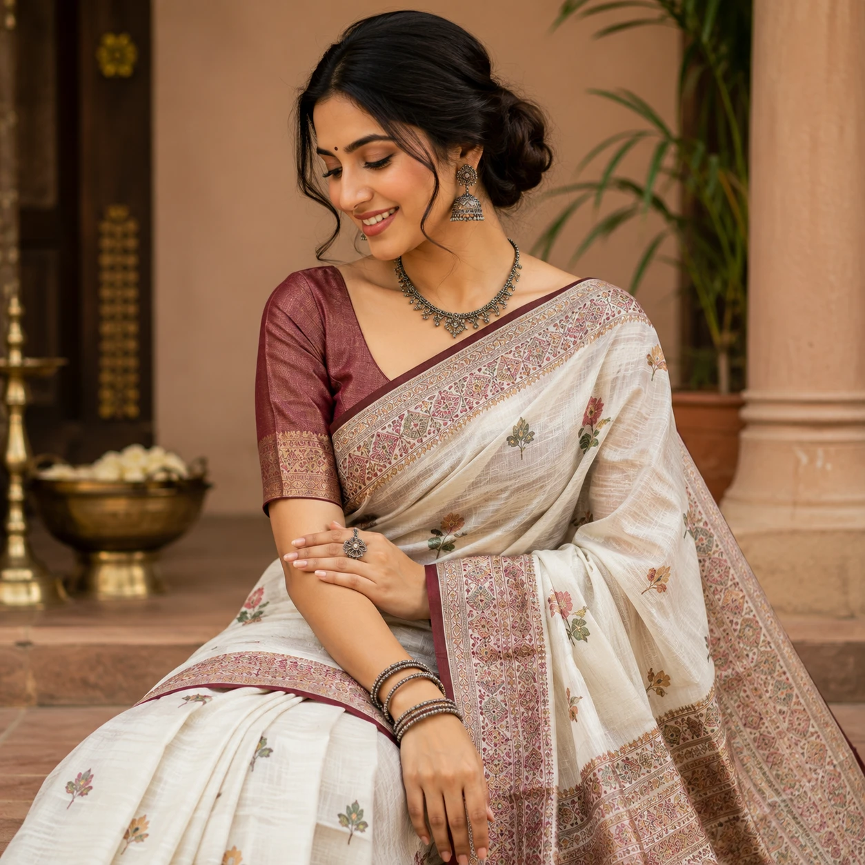 Handcrafted Floral Embroidered Cotton Saree